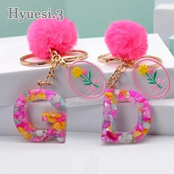 Fashion Acrylic Letter Keychains Women Handbag Charms Pink Pompom Flower Pendant 26 Alphabets Keyrings Girls Jewelry Gifts
