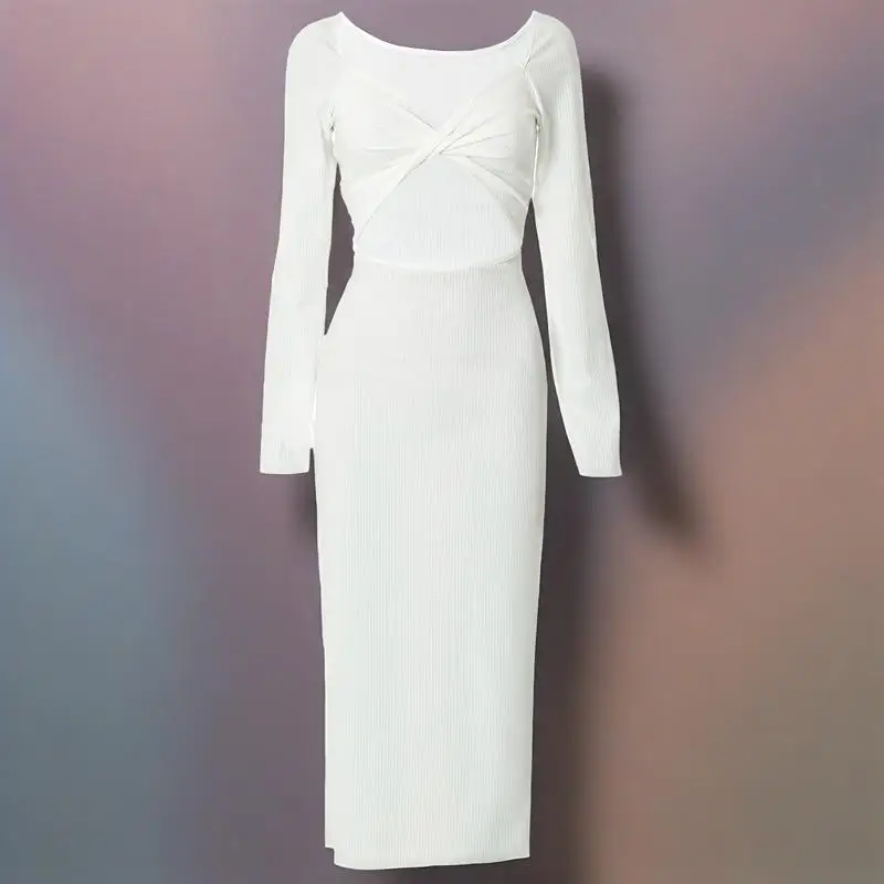 2025 솔리드 컬러 긴팔, 폼 피팅, 투피스 니트, 컷 아웃, 여성용 섹시한 깊은 V 넥 원피스