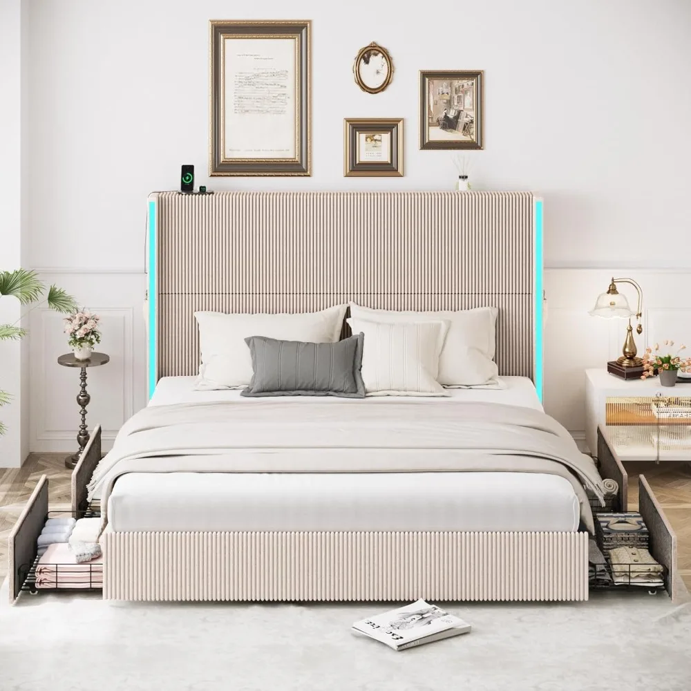 Queensize Bedframe Met 4 Opbergladen En Ledlampen, Gestoffeerd Queen Bedframe Met Hoofdeinde En Laadstation