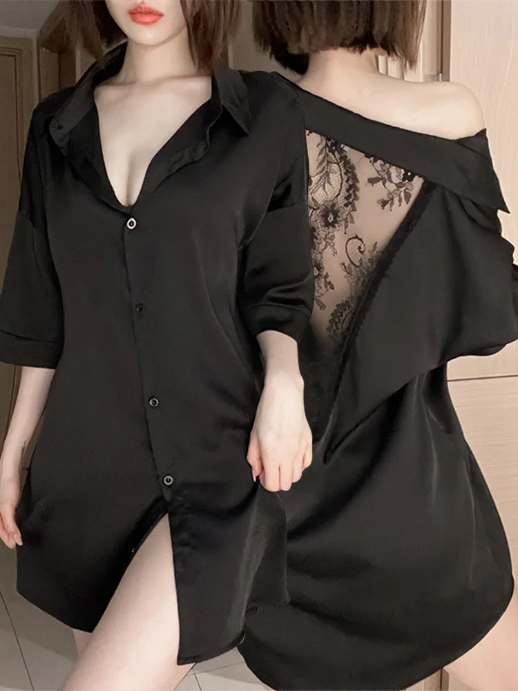 Black White Pure Ice Silk Shirt Sleepwear Women's Style 2026 New Summer Sexy Home Clothes Boyfriend Style JIFANPAUL Brand