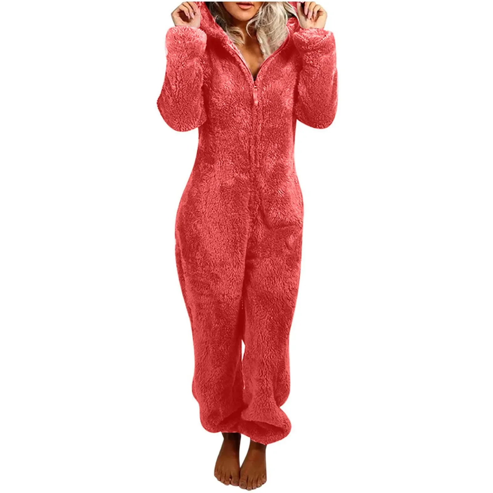 Plus Size Coral Fleece Jumpsuit For Women Christmas Pajamas One-Piece Pyjamas Winter Warm Women Hooded Onesies Sleepwear S-3xl