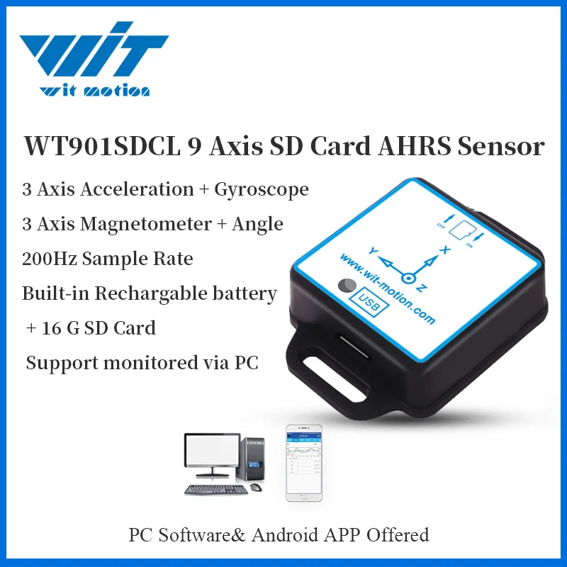 WitMotion 9 Axis 16G Card Storage Sensor WT901SDCL Digital Angle + Gyroscope + Accelerometer + Compass 200HZ Output on PC/SD