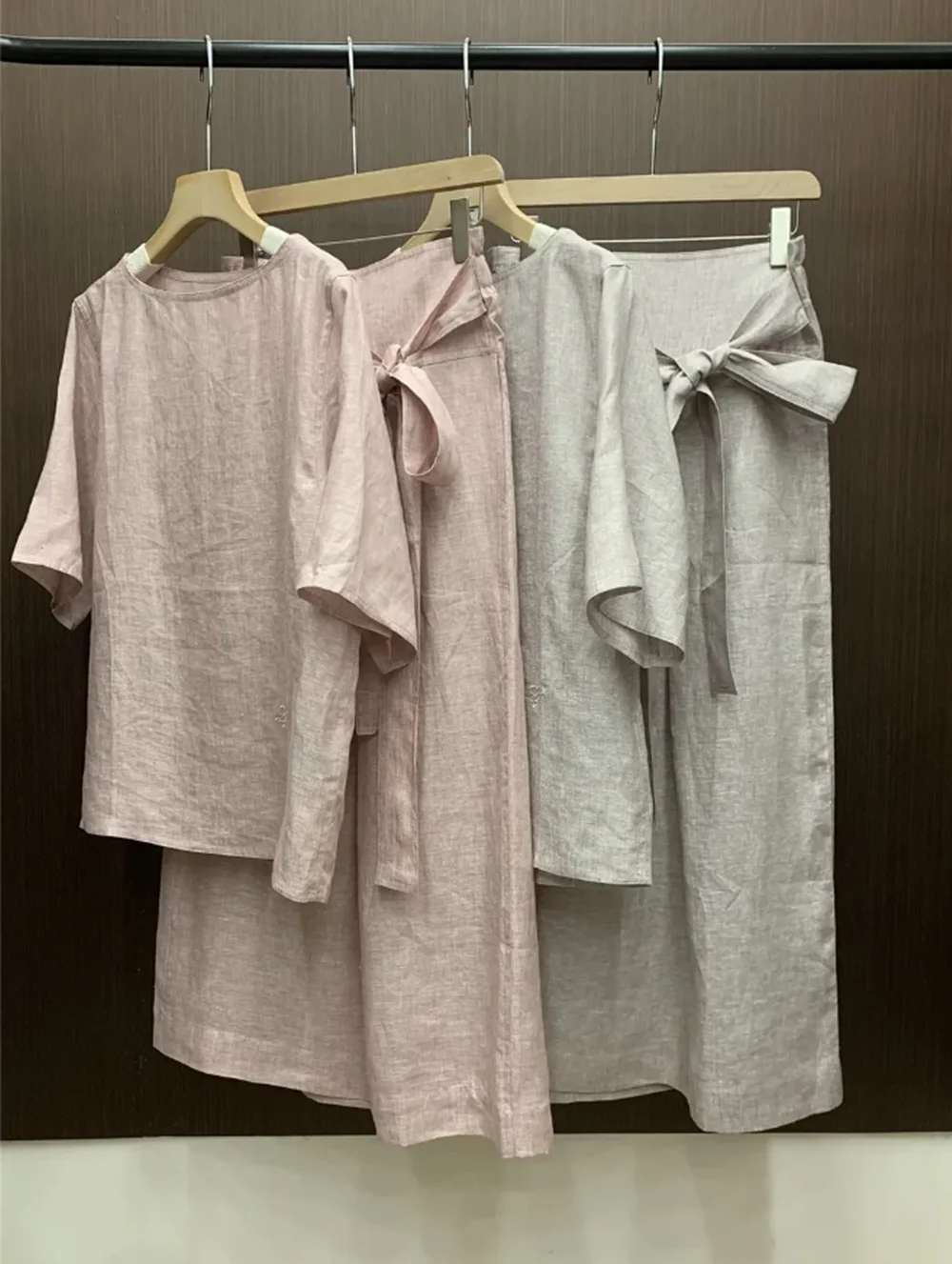 

Summer Women's Skirts Suit Linen Embroidered T-Shirt Top + Tie High Waist Half Skirt 2 Piece Set