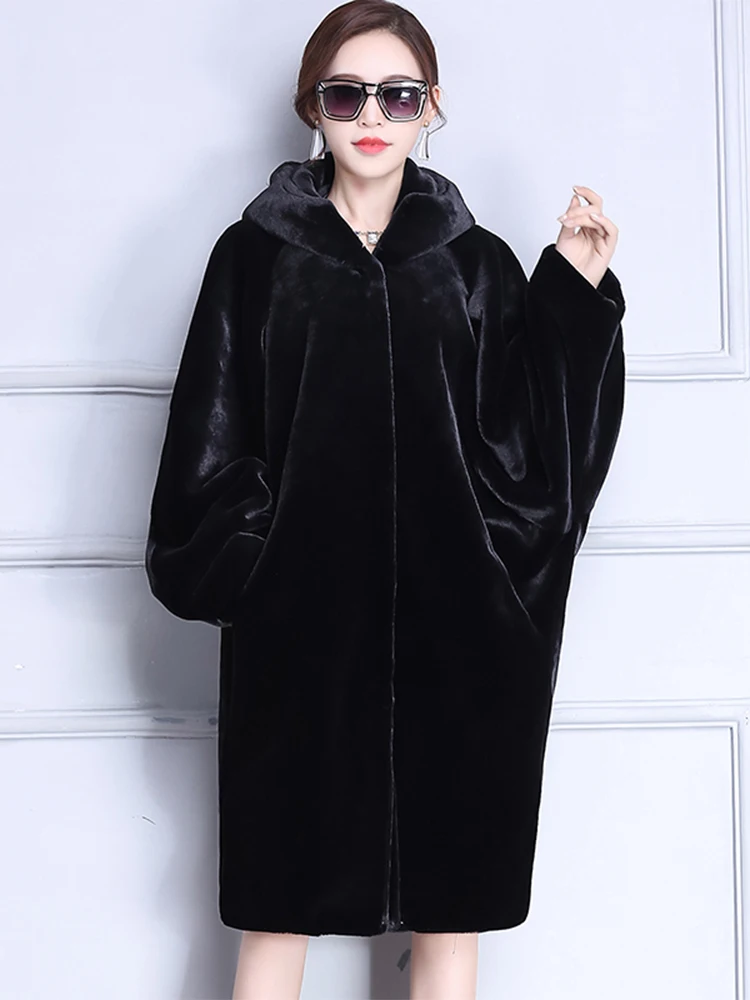 Nerazzurri Winter Real sheep fur coat Women With Hood Batwing Sleeve Long Luxury Shearing Jacket  Poncho Oversized Loose Cloak