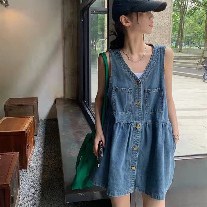 Biyaby Sleeveless Strap Dress Women 2024 Summer Single-Breasted Pockets Denim Dresses Woman Korean Style Loose A Line Mini Dress