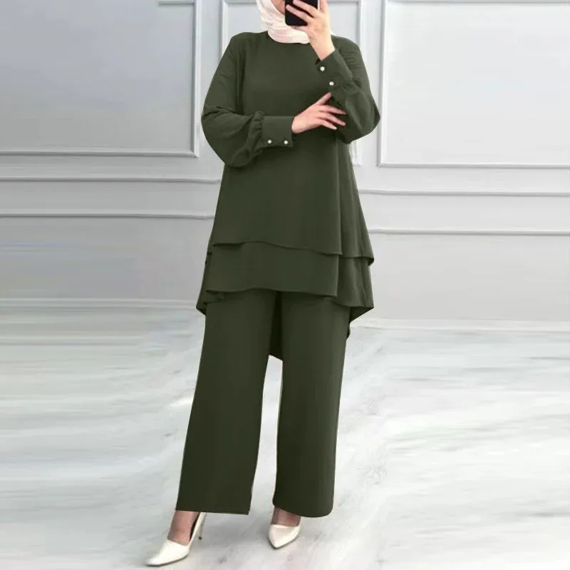 أطقم بلوزات إسلامية بلون سادة، تصميم مكون من طبقتين، قميص تركي، بلوزة وسراويل للسيدات المسلمات