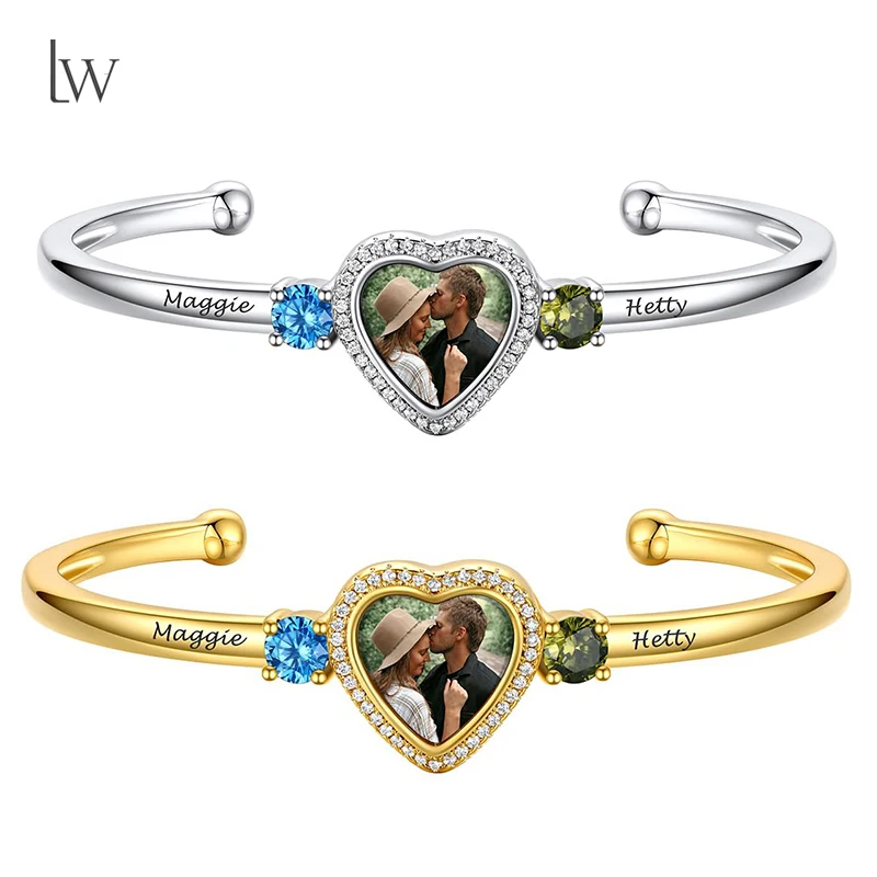 

Personalized Picture Bracelets for Women Custom Photo Heart Cuff Bangle Engraved Name Birthstone Bracelet Memorial Jewelry