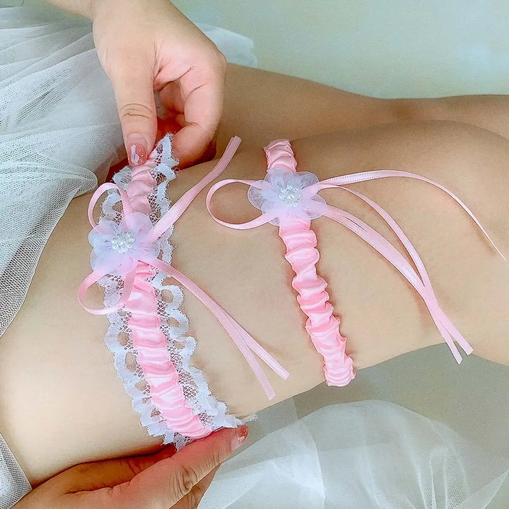 Jarretière de mariage en dentelle rose sexy pour femme, anneau de cuisse, cosplay, lolita, bas de fille, douche de patients, mariée, nouveau