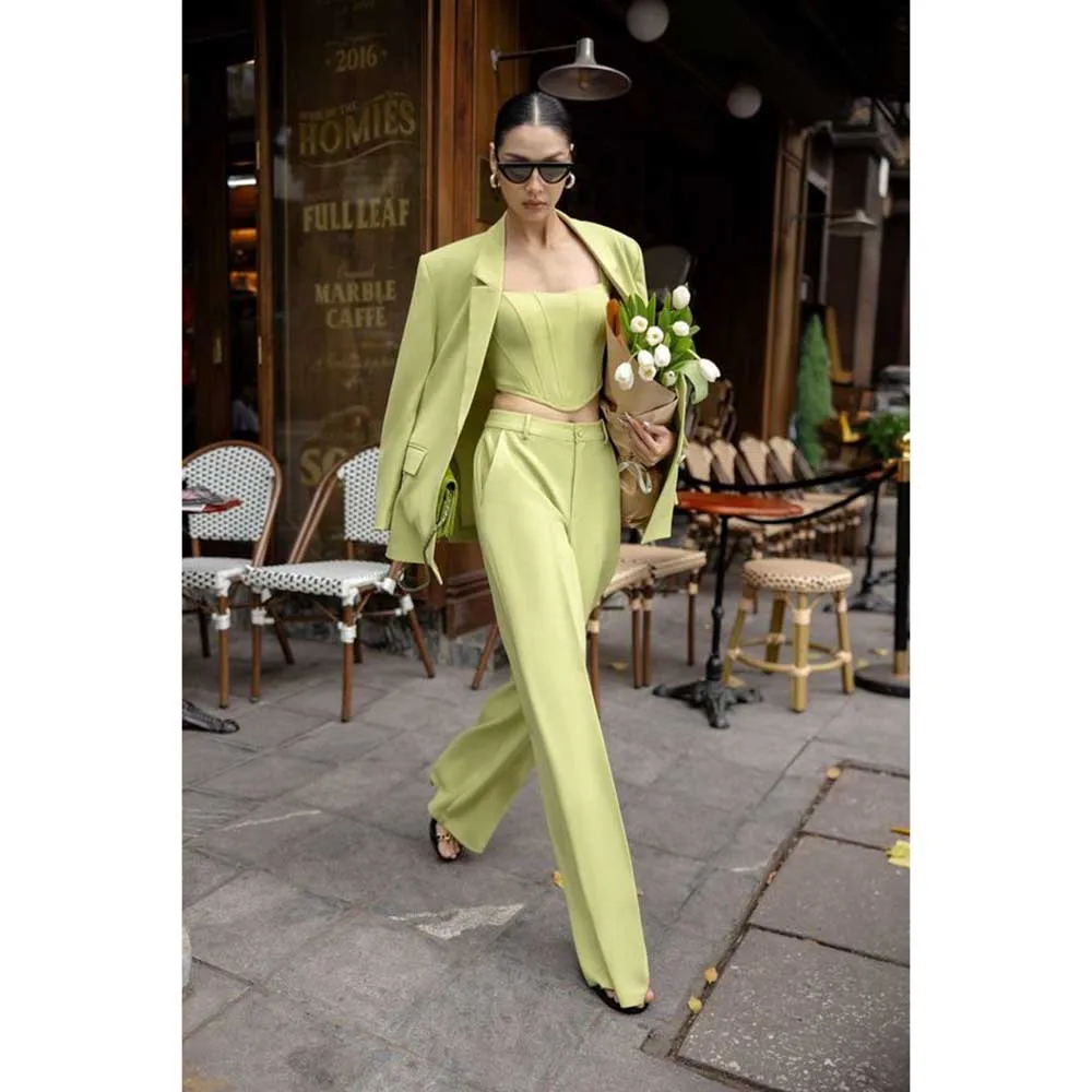 

Fashion Chic Green Suits for Women Notch Lapel Two Piece Jacket Pants Female Clothing Smart Office Lady Slim Fit Blazers Sets