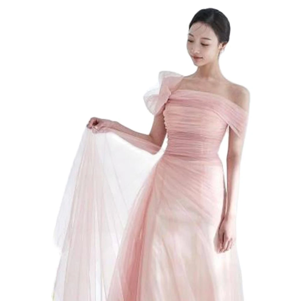 Boat Neck Long Pink Tulle Satin Evening Dresses Women Off Shoulder  Bridesmaid Homecoming Prom Gowns Quinceanera Dress Gala Robe