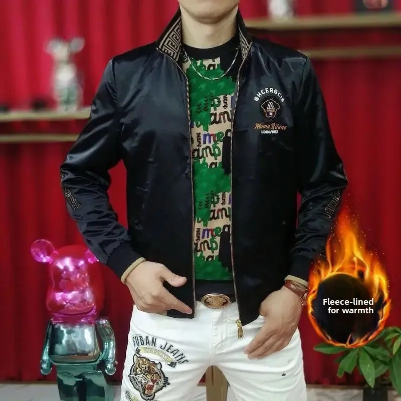 

2025 New Men's Faion Casual Embroidered Bead Jaet Stand Collar Slim Fit Autumn Winter Warm Polyester Fiber Zipper Sve