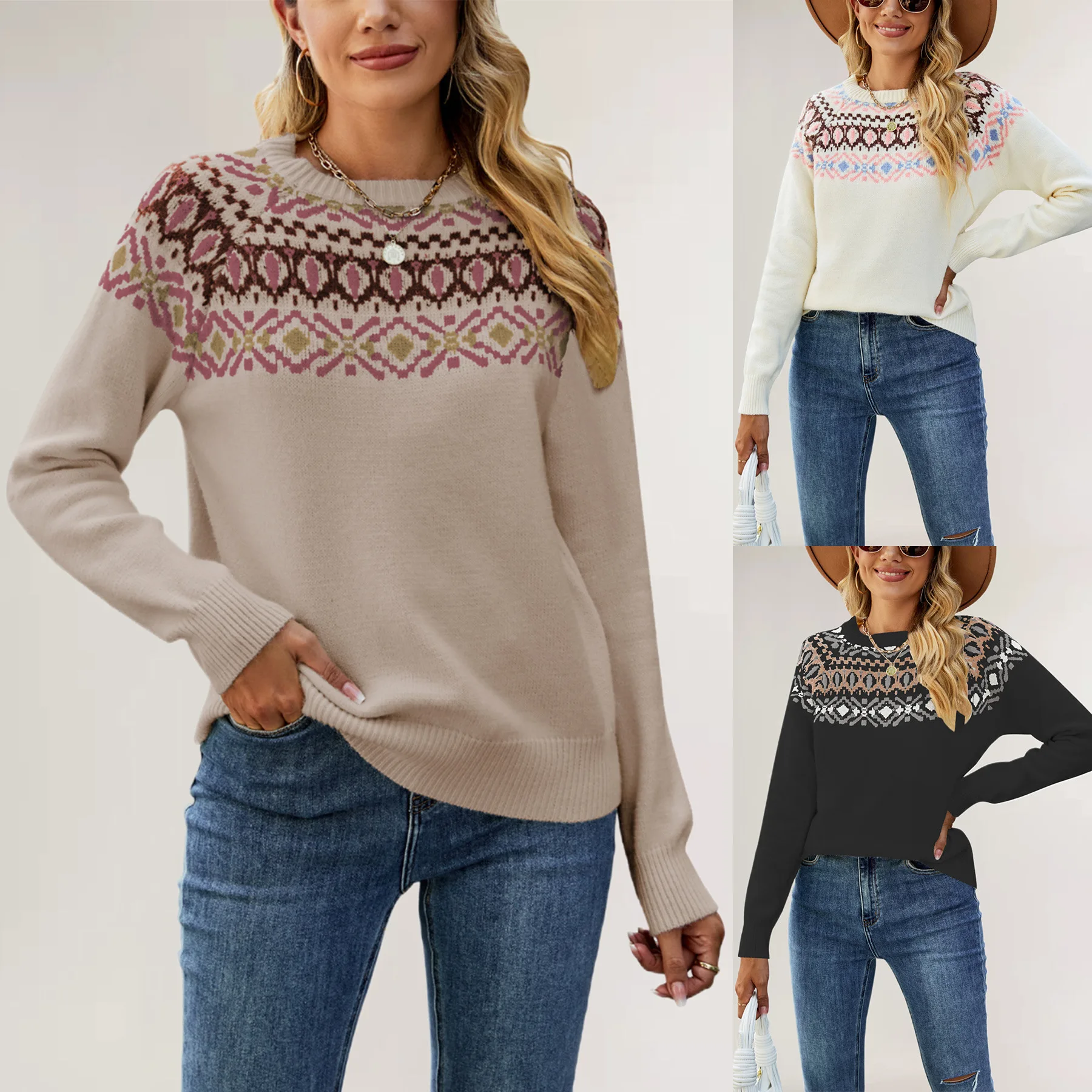 

Winter New Loose Knitted Sweater Retro Handwoven Long Sve round Ne Diamond Pattern Women's Faion Comfortable Crew Ne