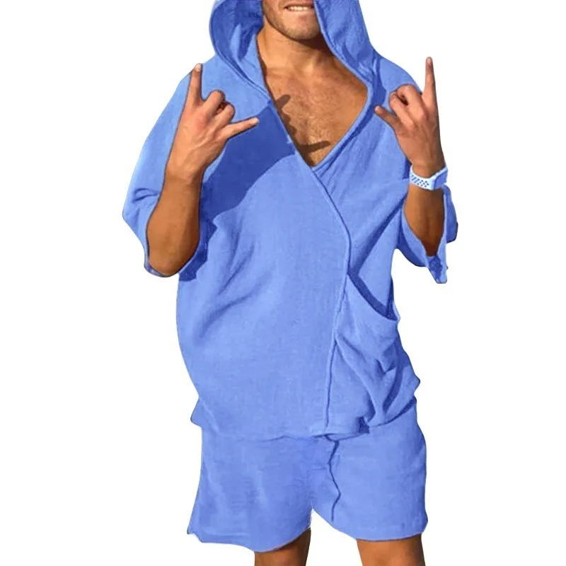 2025 new men's V-neck fashion short-sleeved shorts two-piece summer thin men's hooded beach leisure outdoor suit - Image 4