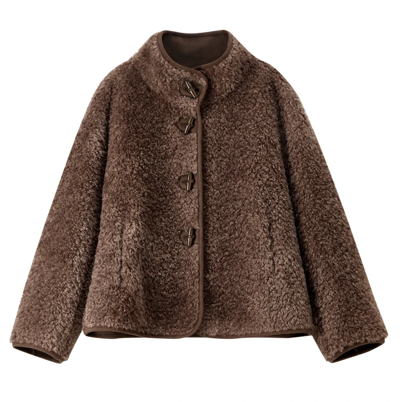 SENTUBILA 여성 코트 2025 겨울 레트로 소뿔 버클 양털 인조 모피 코트 라펠 칼라 따뜻한 여성 의류 Q54PA4168