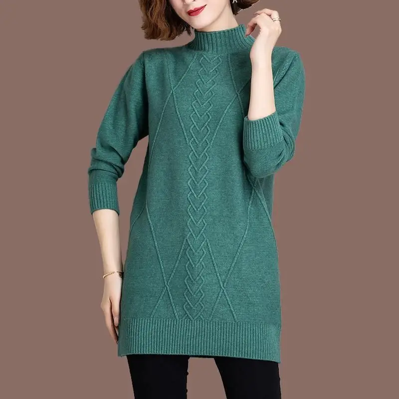 Mid Length Autumn and Winter Women\'s 2024 Pullover with Half High Collar Screw Thread Solid Color Knitted Long Sleeved Sweater