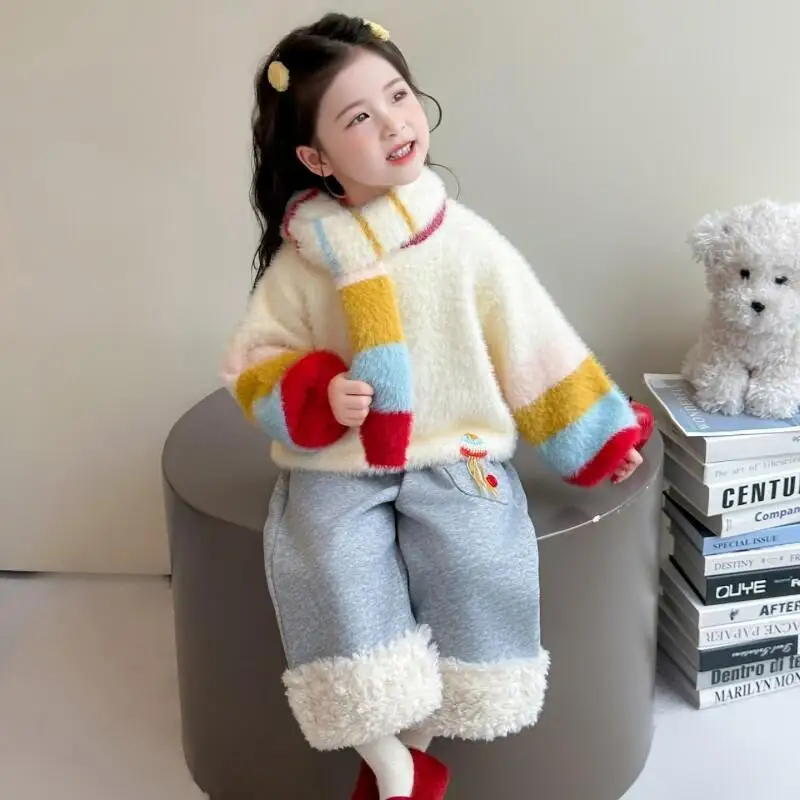 

Girl Thicken Sweater Pants Two-Piece Set Autumn Winter Tops Pullover Straight-Leg Pants Child Kawaii Fashion New Casual Clothing