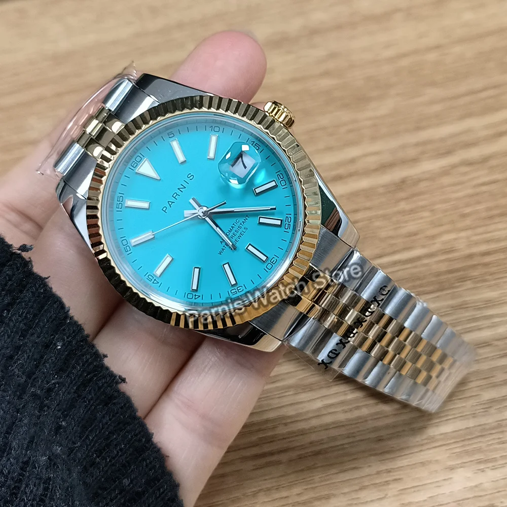 Parnis 39.5mm Gold Color Bezel Japan Miyota8215 Automatic Movement Blue Dial Luminous Marker Men's Wristwatch