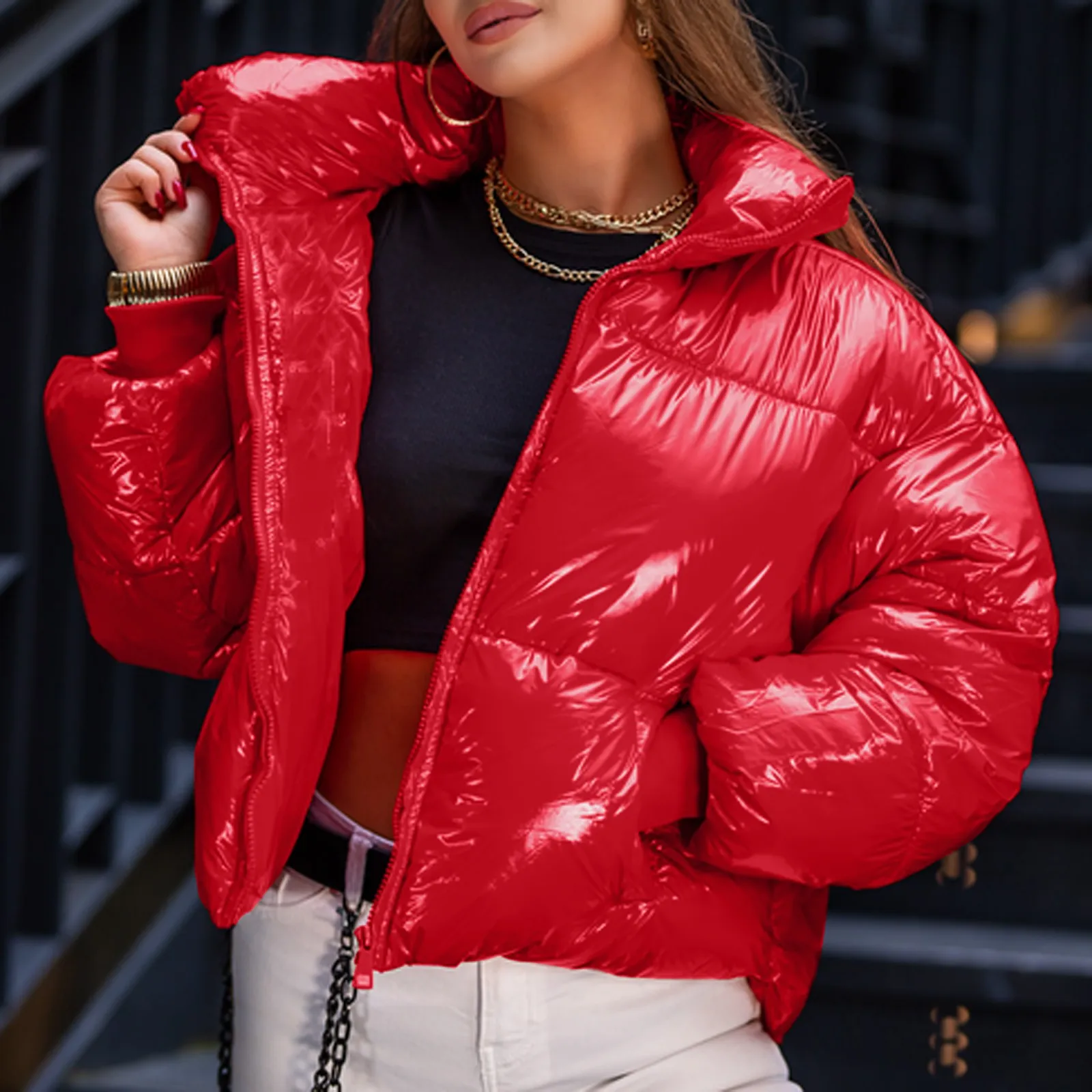 Doudoune à col montant pour femme, manteau parkas court, manteau surdimensionné en métal brillant, coton rembourré, combinaison zippée