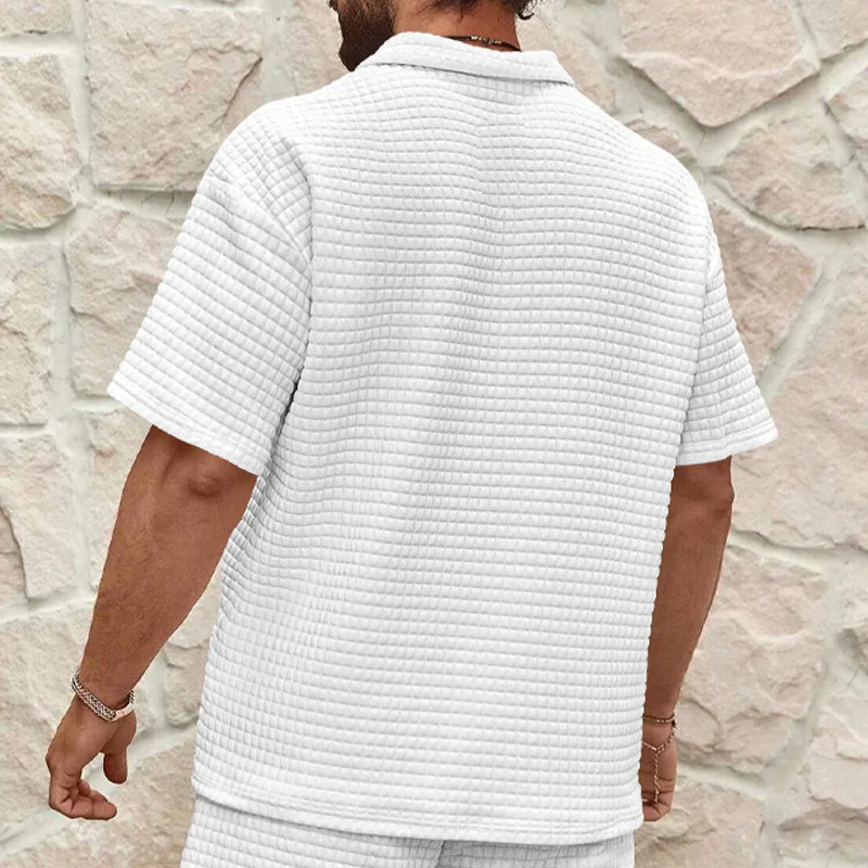 2024 summer new men\'s casual and comfortable small square solid color lapel sports short sleeves