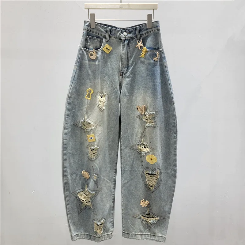 

2026 Spring New Heavy Embroidery Heart Distressed Metal High-waisted Slim-fit Scimitar Hem Jeans, Women's Trousers