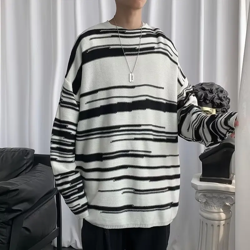 China-Chic Irregular Knit Men's Fashion Brand Ins Relaxed Lazy Leisure New Round Neck Couple Stripe Sweater Fashion