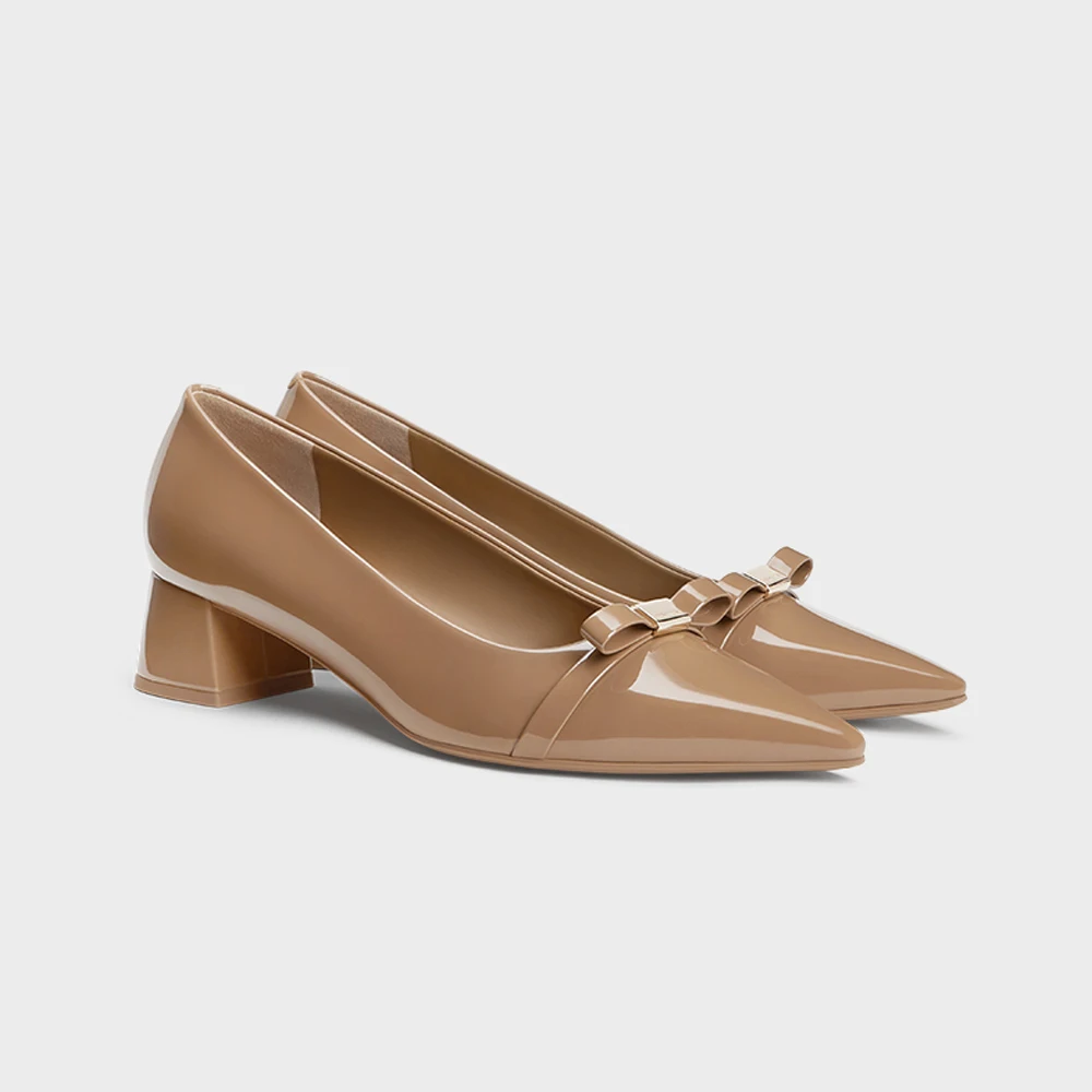 

FWRD Women's Patent Leather Pointed-Toe Chunky Heel Bow Pumps, Elegant Comfortable Shoes for Office & Daily Wear #FWRD000251
