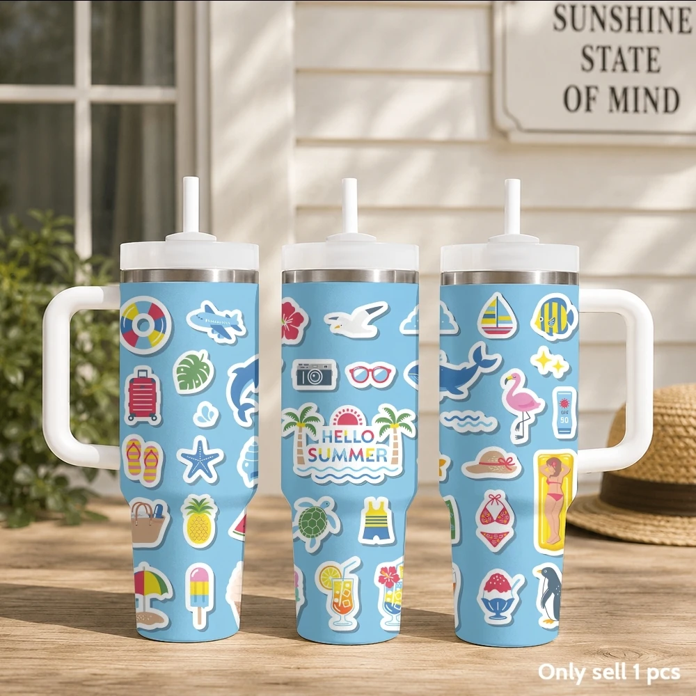 Termos Summer Elements de 40 oz, Vaso Portátil de Acero Inoxidable con Asa y Pajita, Taza Aislada al Vacío de Doble Pared a Prueba de Fugas