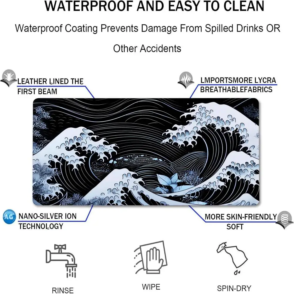 Japanese Wave Art Gaming Mouse Pad Extended Large Desk Mat with Stitched Edges Anti-wrinkle Non-Slip Rubber Base for PC Laptop