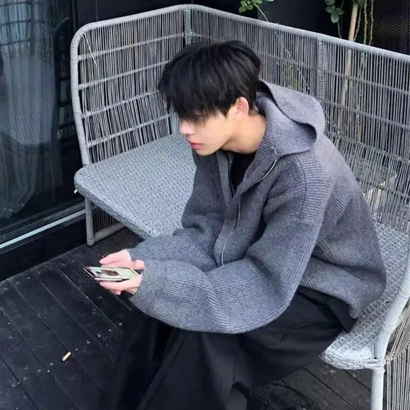 

Корейская толстовка на молнии с капюшоном, вязаная свободная повседневная элитная весенне-осенняя кардиган, верхняя одежда для мужчин и женщин, удобный полиэстер...