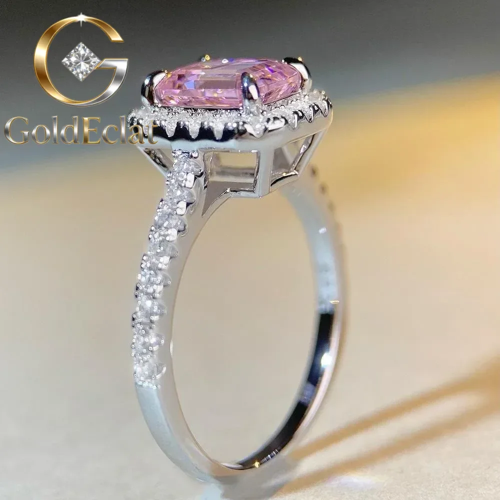 GoldEclat   Luxury Solid Platinum PT950 Women's pink diamond ring 2 karat sugar square bag moissanite diamond ring