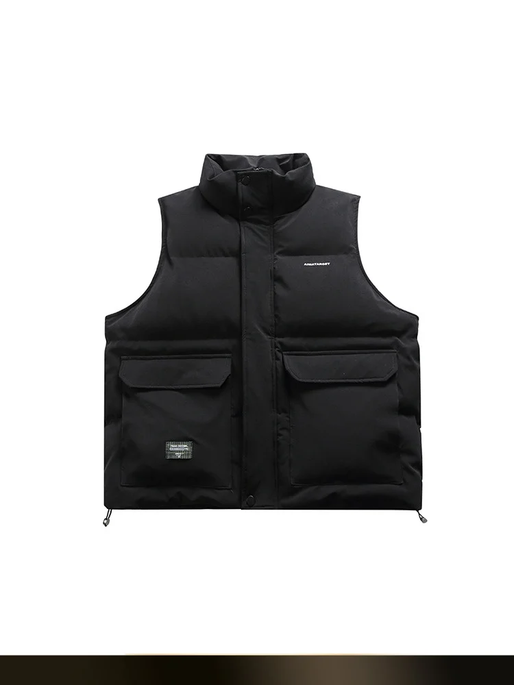 

Retro Japanese Sle Men's Cotton Vest with Large kets Stand Collar Warm Pure Color Winter Jaet Youth Faion Trend