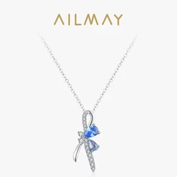 Ailmay 925 Sterling Silver Elegant Bow Pendant Necklace For Ladies Blue Water Droplet Zircon Party Jewelry Gifts