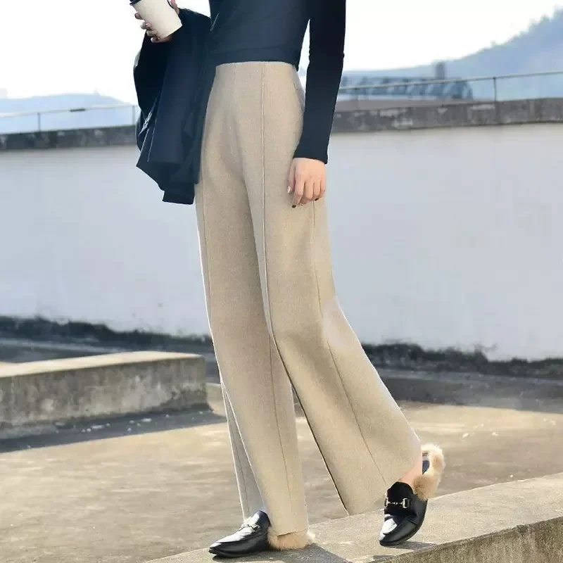 

Super High Waist Streetwear Wool Blend Straight Trousers Loose Cashmere Pants Winter Plus Thick Woolen Wide Leg Pants Women