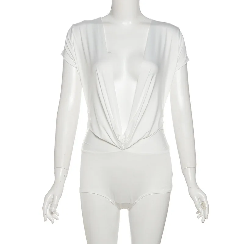 Gtpdpllt ثوب فضفاض صيفي أبيض مثير عميق الخامس الرقبة قصيرة الأكمام حللا قطعة واحدة ملابس الكورية موضة Playsuit امرأة