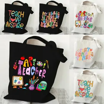टीचर्स डे गिफ्ट टीचर प्रिंट कैनवास टोट बैग महिलाओं का हैंडबैग रंगीन अक्षर टीचर कैनवास टोट बैग फ्लोरल स्टाइल शोल्डर बैग 6 best sales शिक्षक टोट - №2