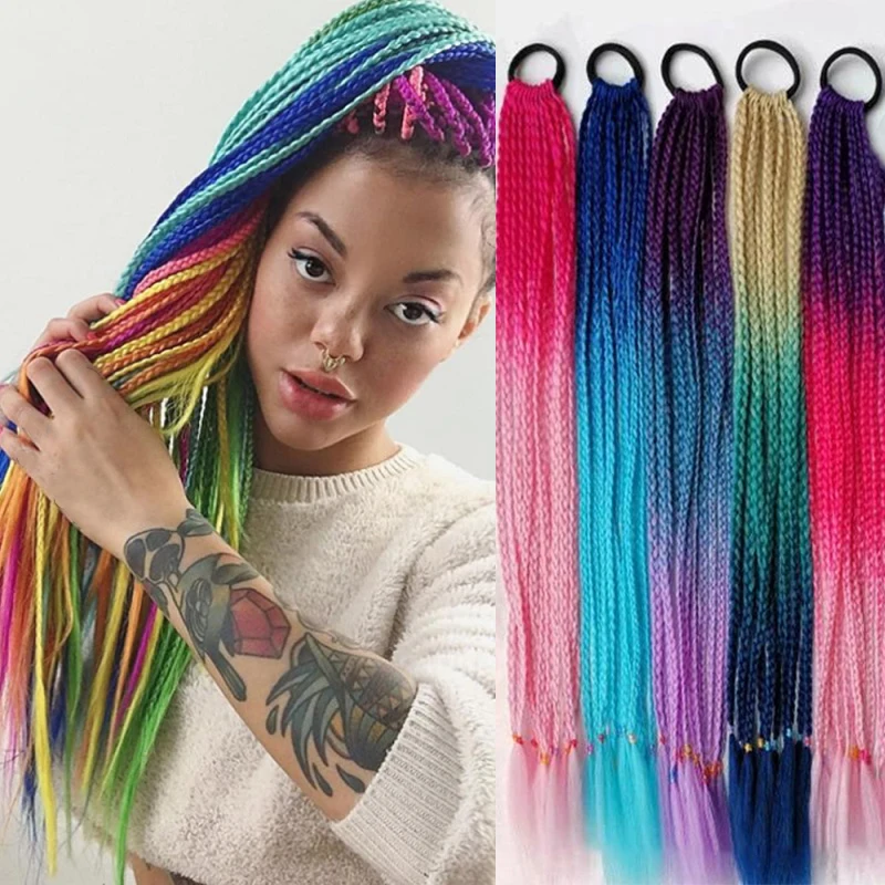 Synthetic 24Inch Colorful Braids Hair Extension Rubber Bands Rainbow Braids Cosplay Ponytail Hair Accessories for Women