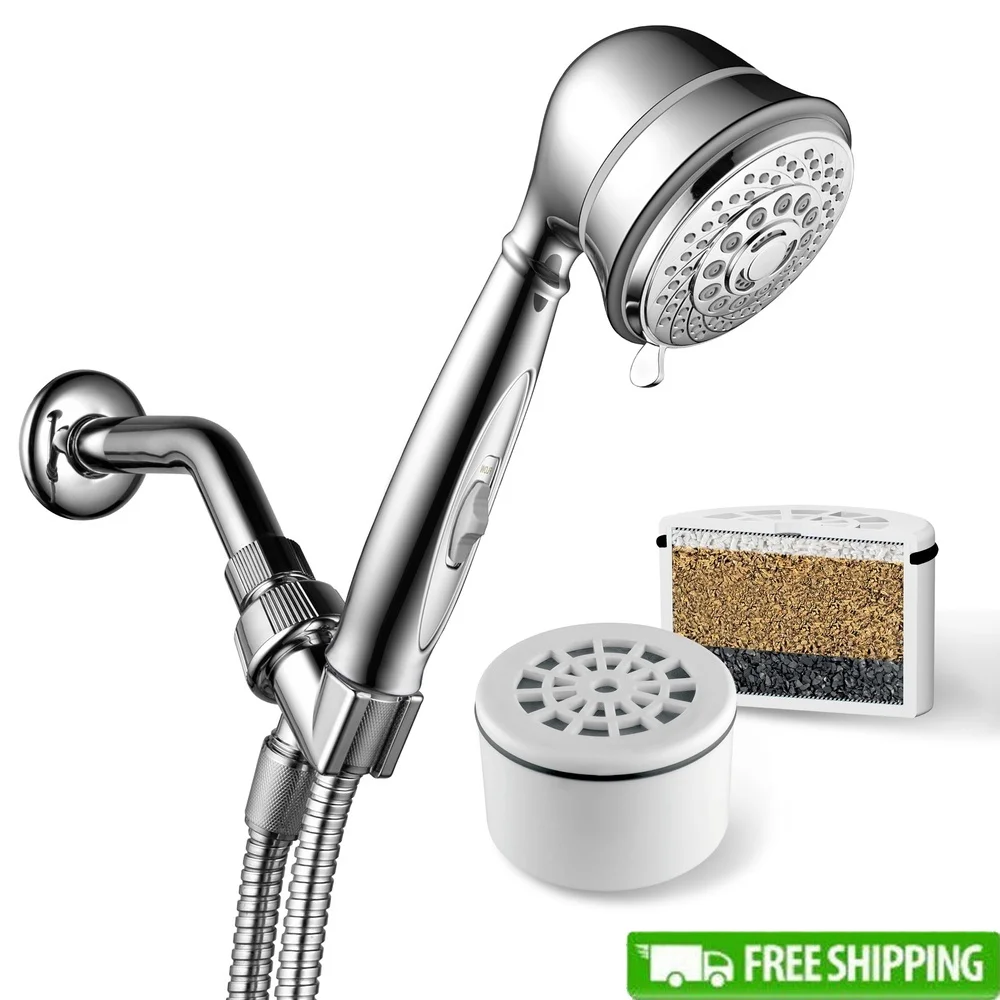 

Ручная насадка для душа с фильтром, 7 настроек, 3-ступенчатый очиститель воды со встроенным фильтром. Простая установка. Хромированная отделка.