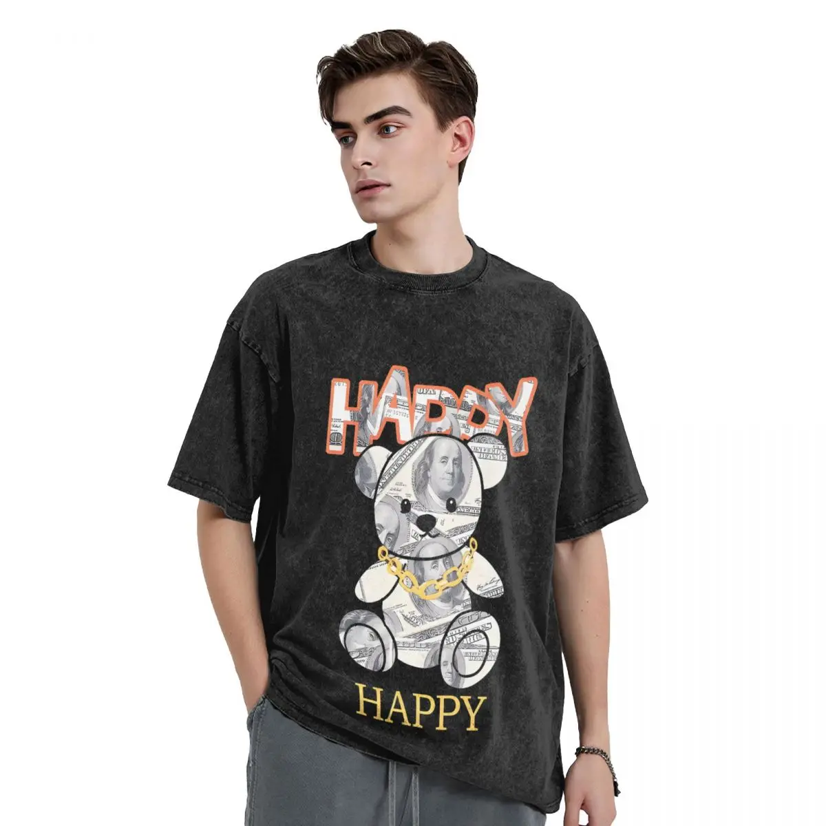 Harajuku 100% Cotton Oversized Tshirt,Men Short Sleeve Tees,Rich Teddy Bear Summer Loose Washed Tops T-Shirt