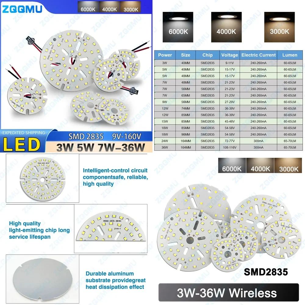 

Светодиодная 3W 5W 7W 9W 12W 15W 18W 24W 36W SMD2835 Чип-панель света для лампы Прожектор Downlight Lamp 9V 160V Энергосберегающее освещение