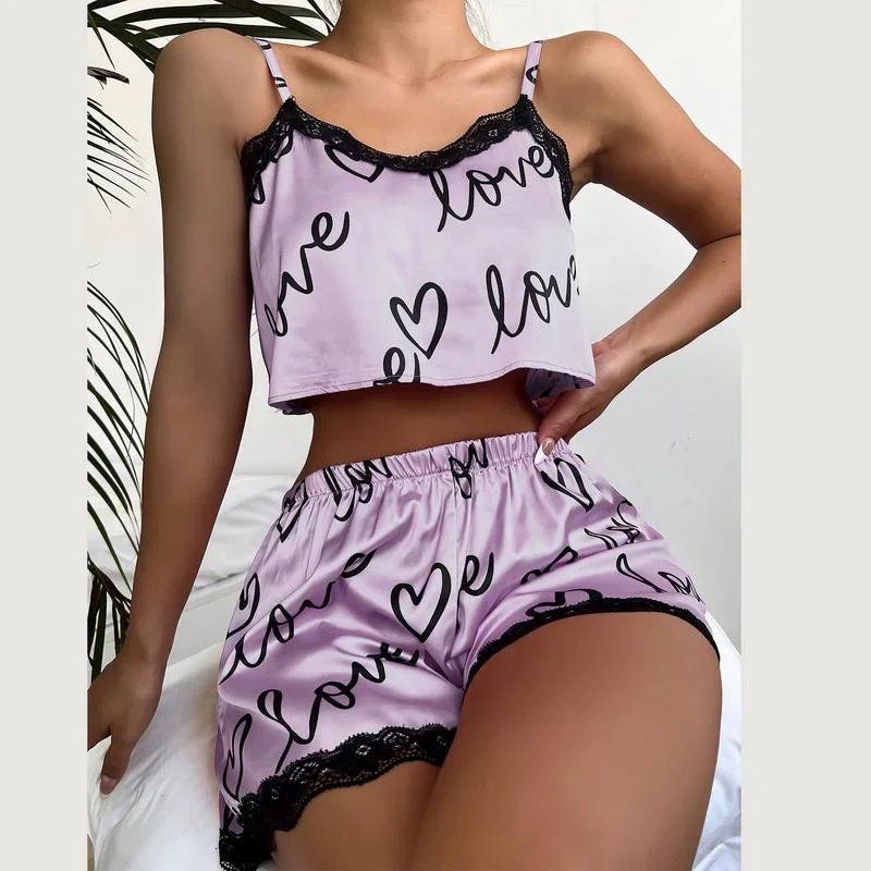 2pcs/set Pajama Suit for Women Sexy Cute V-Neck Lace Love Heart Printed Suspenders Tops Shorts Nighty Sleepwear Homewear Set