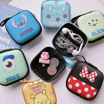 Disney Stitch Mickey Mini Charger สาย USB กระเป๋าน่ารักการ์ตูนหูฟังโทรศัพท์สายข้อมูลกล่องเก็บเหรียญแบบพกพา
