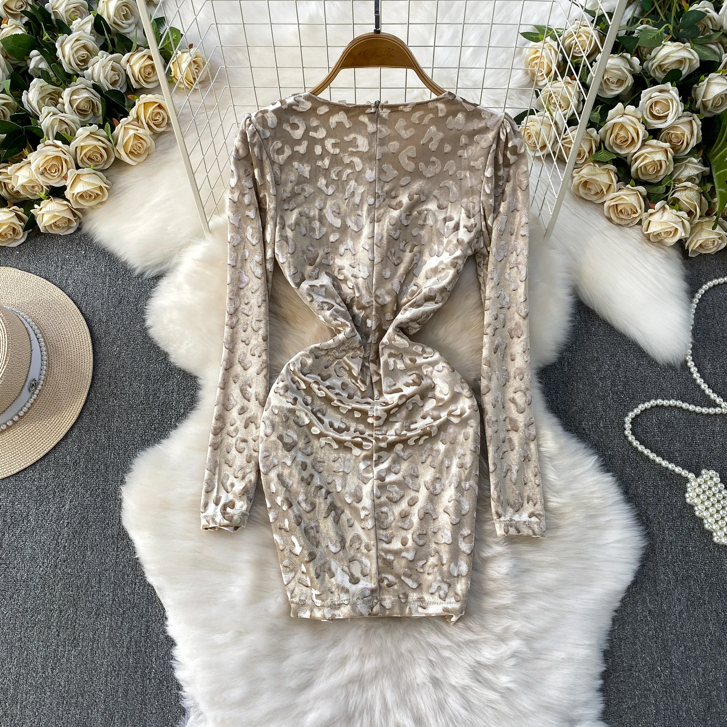 Chic vintage leopard velour dress Elegant Fairy korean fashion sundress autumn women clothing
