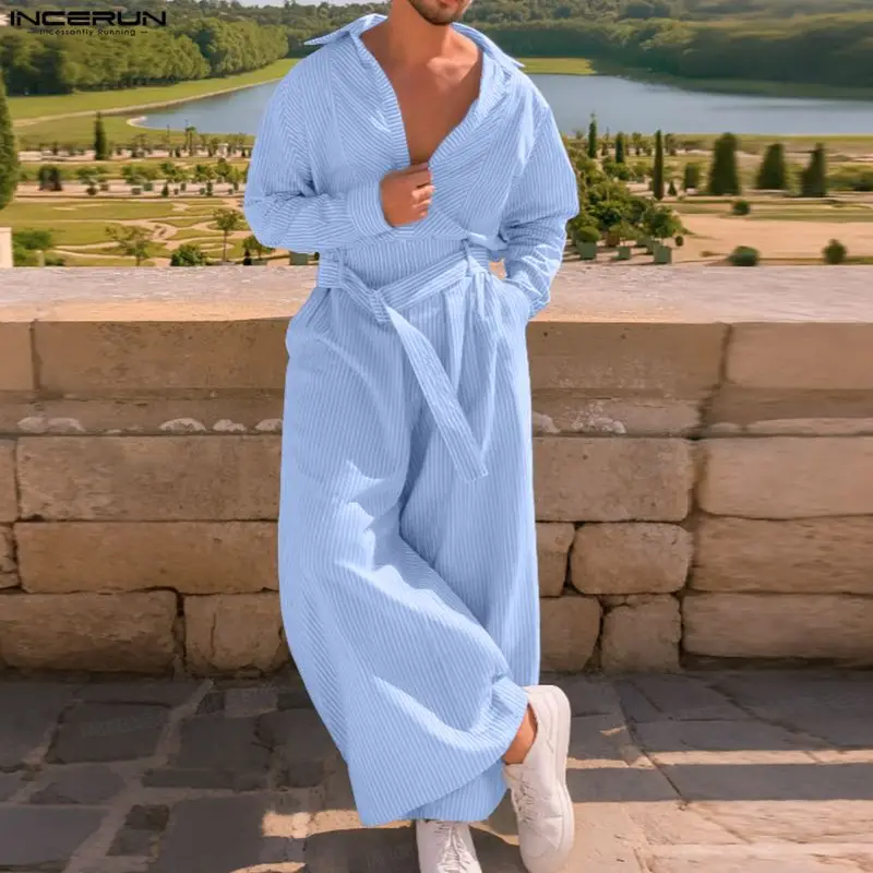 

INCERUN Men Striped Sets Loose Lapel Long Sleeve Shirt & Wide Leg Pants Two Pieces Sets Streetwear 2025 Fashion Casual Men Suits