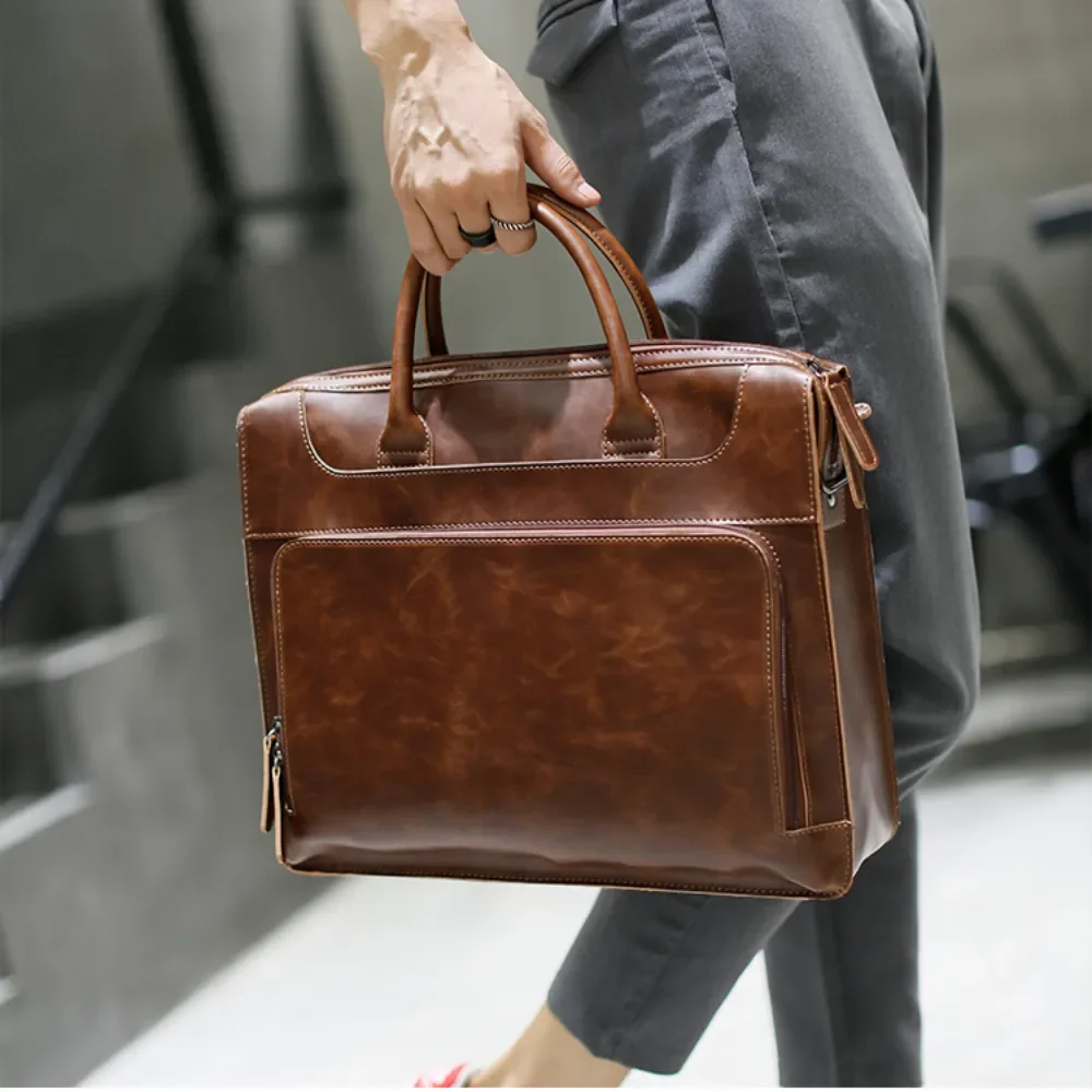 Retro Crazy Horse Pu Leather Men's Briefcase Handbag Messenger Business Men Tote Bags Man Casual Crossbody Briefcases