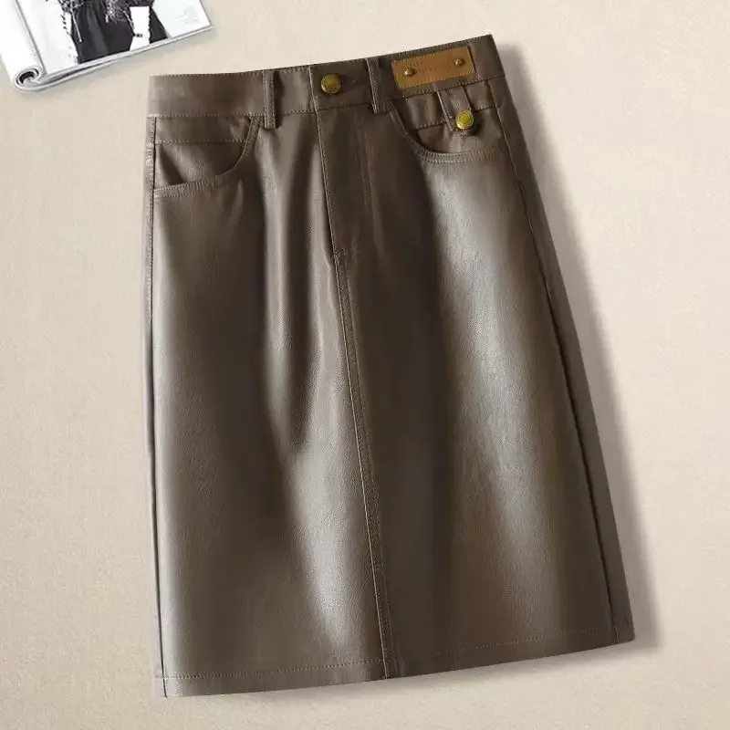 

2024 New Leather Half Body Skirt for Women, High Waist, Slim Look, Autumn Loose A-line Skirt, Medium and Long, PU Trendy