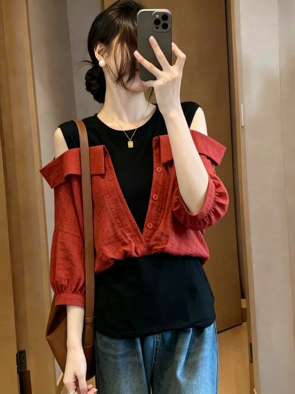 

Red Shoulder Bared Short Sleeve Shirt Women's Style Korean Version Summer New Loose Fit Fashionable Streetwear Large Size