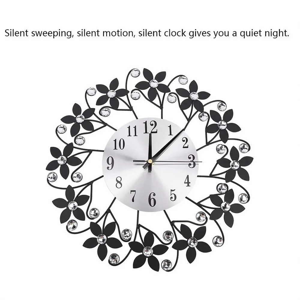 Iron Flower Wall Clock Quartz Movement Silent Mechanism Decorative Clock Metal Frame Crystal Ornament Wall-mounted Clock