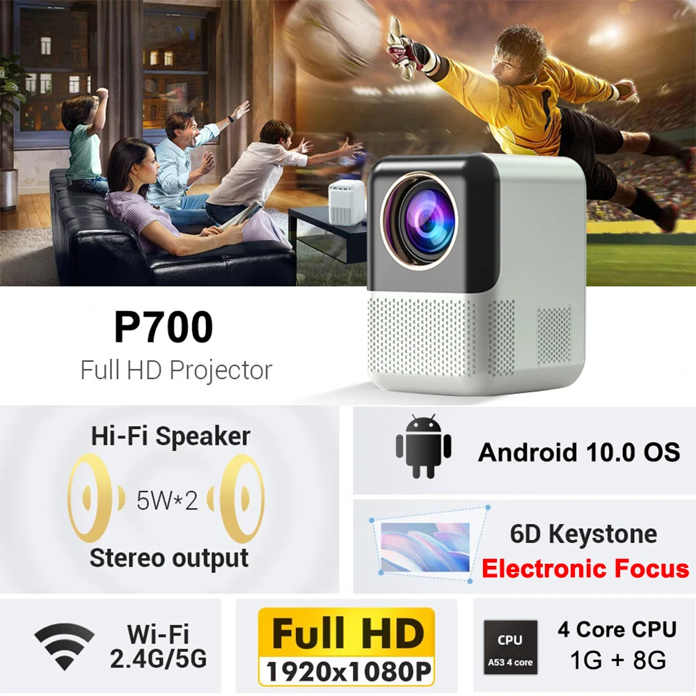 Salange P700 Mini Projector Android 10 Supported 4K Full HD 1080P LED Video Beamer Wifi Home Theater Compatible with USB HDMI AV