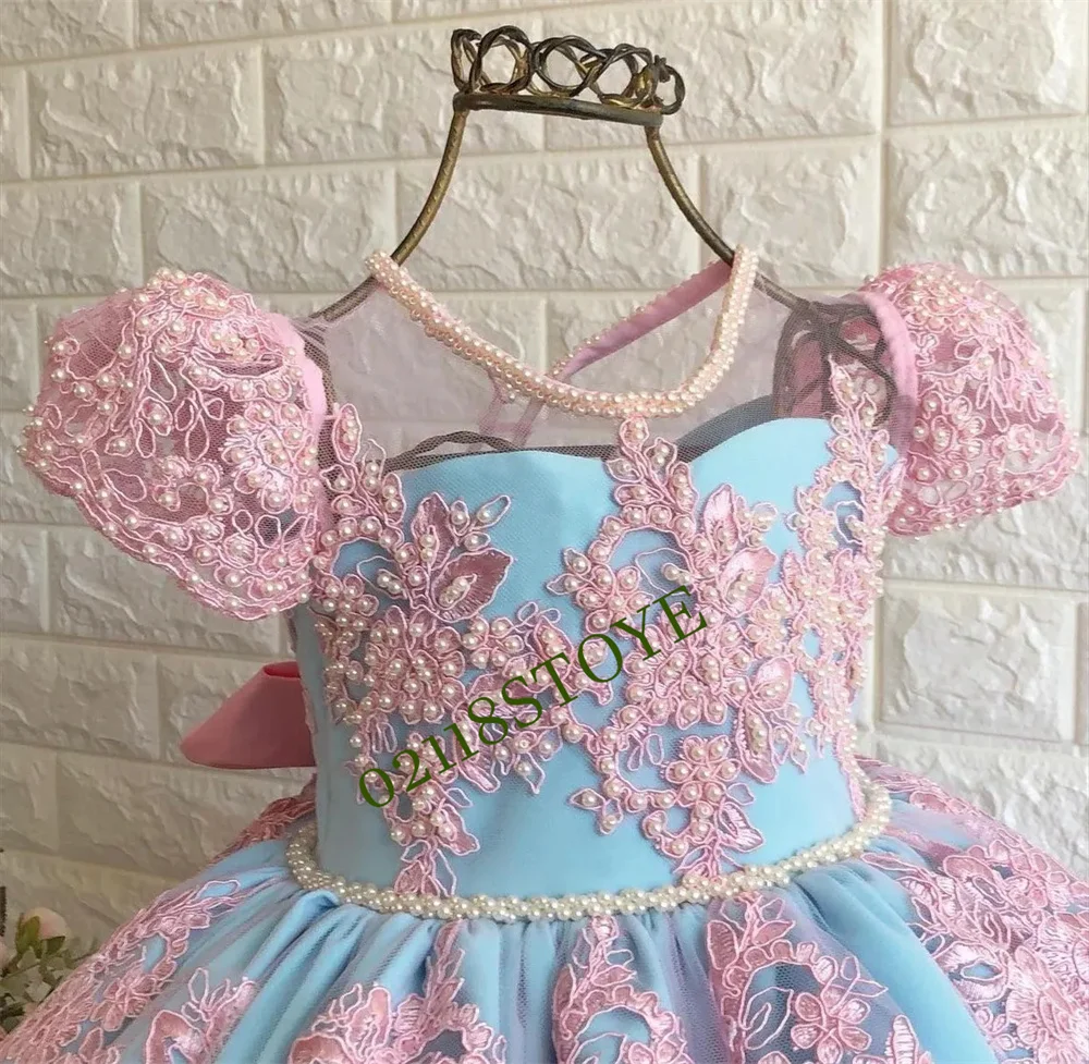 

Flower Girl Dresses Tiered Lace Appliqued Birthday Pageant Gowns with Bow Beads Kids Wedding Guest Dresses