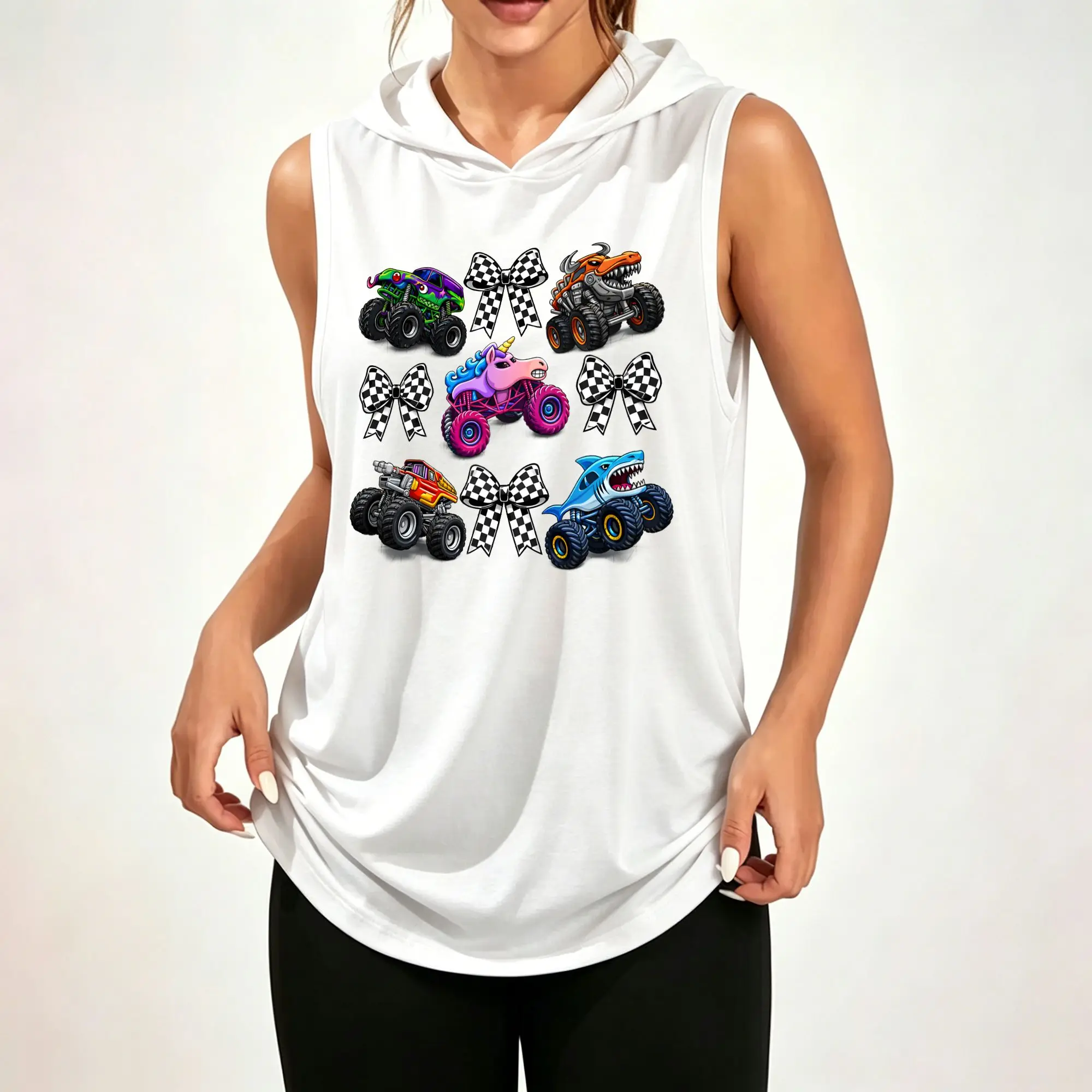 Women Sleeveless Hooded Tank Top, Colorful Monster Trucks With Checkered Bows Cartoon Graphic Print Casual Hooded Sleeveless Tank Top ****
